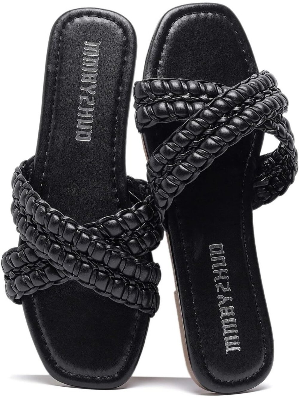 Women's Black Faux Leather Flat Sandals Comfortable Slip On Braided